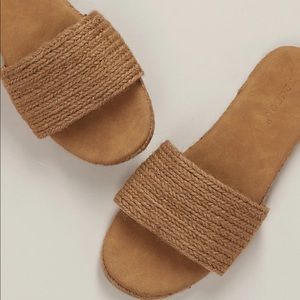 Open Toe Woven Jute Band Flat Slide Sandals